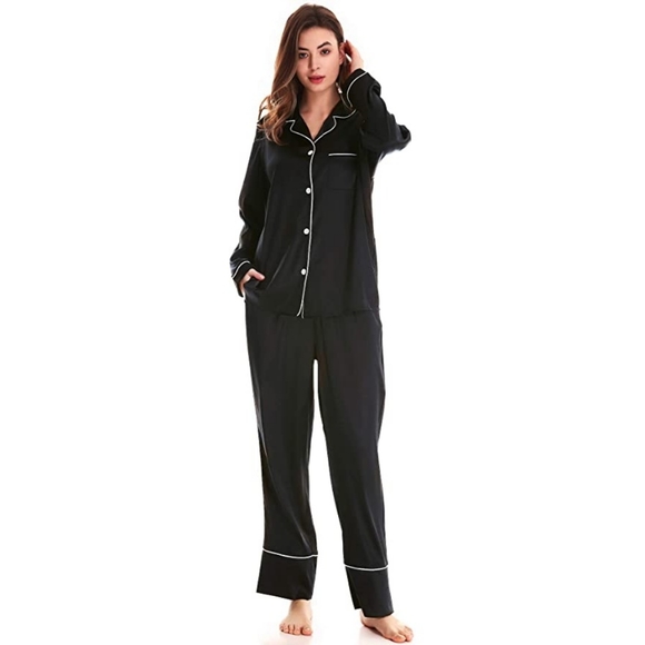 NWT HOdo Women's XL Navy & White Contrast Silky Satin Button Pajamas Set - Picture 2 of 7